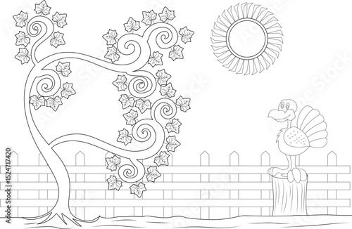 Happy Thanksgiving Turkey and Autumn Scene Coloring Page, A black and white outline illustration perfect for coloring, featuring a cheerful cartoon turkey standing on a stump in front of a rustic 