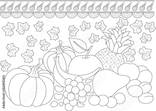 Thanksgiving Harvest Coloring Page, Black and white line art illustration for coloring featuring a Thanksgiving harvest scene. Includes pumpkins, various fruits like grapes, apple, banana, 