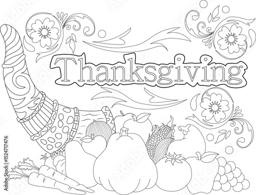 Happy Thanksgiving Cornucopia Line Art Coloring Page, Black and white line art illustration of a cornucopia overflowing with autumn harvest produce like pumpkin, corn, apples, grapes, and carrots, 