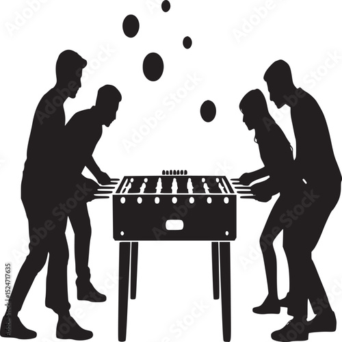 Silhouette of four people playing foosball with floating circles on a light colored background