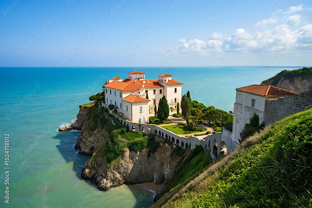 Naklejka premium Luxury Villa on Cliffside Overlooking the Turquoise Sea Under a Clear Blue Sky