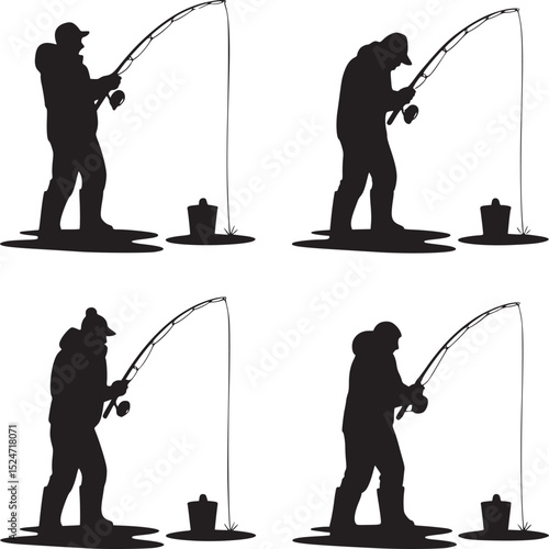 Four silhouettes of fishermen with rods and buckets in a repeating pattern on a white background