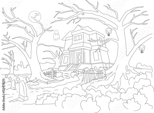 Haunted House and Spooky Graveyard Line Art Illustration, A line art illustration of a spooky haunted house next to a graveyard with tombstones and bare trees. Features ghosts, skulls, and a full 