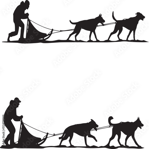 Two sled dog teams with drivers in silhouette against a white background in winter scene art