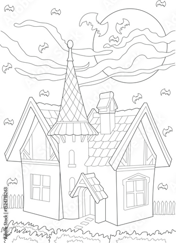 Spooky Haunted House with Bats and Moon Line Art, Black and white line art illustration featuring a spooky haunted house with a towering roof, bats flying in the sky, and a full moon behind clouds. 