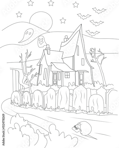 Halloween Haunted House and Graveyard Line Art, Spooky black and white line art illustration featuring a haunted house next to a graveyard. The scene includes tombstones, flying bats, ghosts, a 