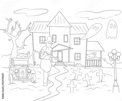 Spooky Halloween Scene with Haunted House and Ghosts Line Art, Line art drawing of a spooky Halloween scene featuring a haunted house, a figure resembling the Grim Reaper with a scythe, a graveyard 