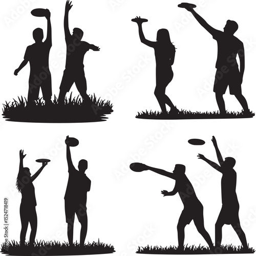 Silhouettes of people playing frisbee outdoors in different poses on grass patches illustration