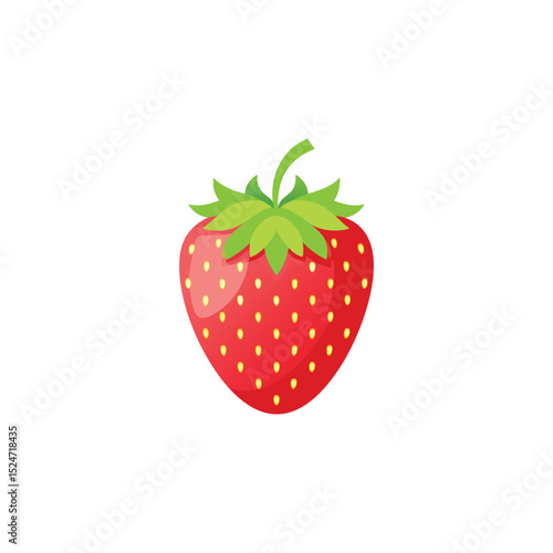 A red strawberry with green leaves and yellow seeds centered against a white background