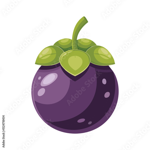 A cartoonish mangosteen fruit with glossy purple skin and a green stem with surrounding leaves