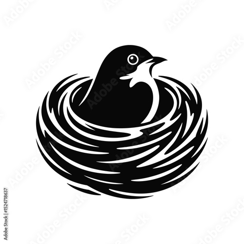 Minimalist Black and White Bird in Nest Logo: Nature, Home, and Care Symbol