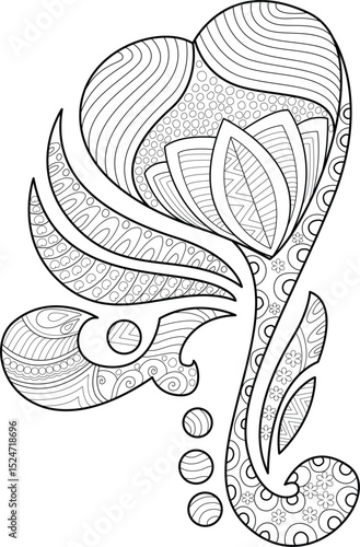 Abstract Stylized Heart with Zentangle Patterns, Black and white line art illustration featuring an abstract design with flowing shapes and intricate Zentangle-inspired patterns. Ideal for coloring 