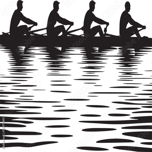 Silhouette of four rowers in a boat on water with reflections in black and white monochrome style art