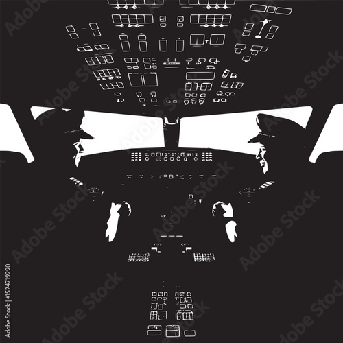 Two pilots in the cockpit of an airplane with a complex control panel and window view ahead of them