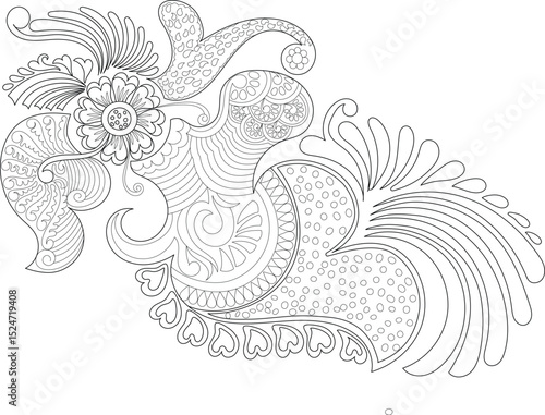 Detailed Henna Design Outline, Intricate black and white line art drawing of a traditional Indian henna or mehndi pattern. Features floral elements, paisley shapes, swirls, and ornamental details. 