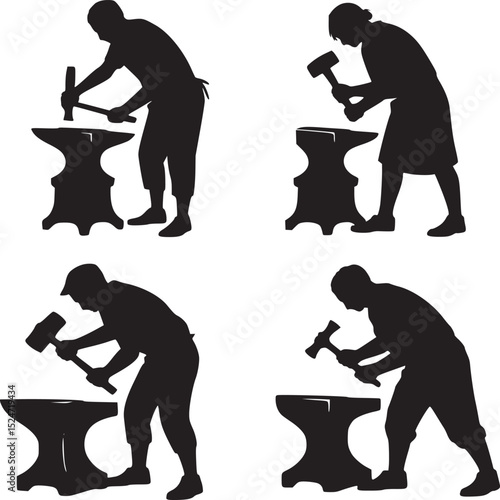 Four silhouettes of blacksmiths hammering metal on anvils in a square pattern on a white background