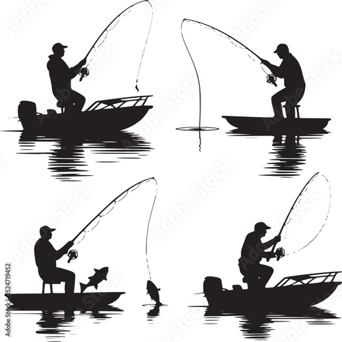 Silhouette collage of fishermen on boats casting lines and catching fish in a monochrome composition