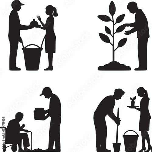 Four panels showing people volunteering with food, planting, caregiving, and gardening in silhouette