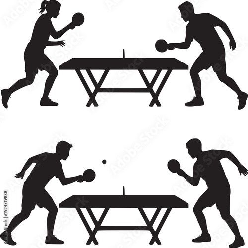 Silhouettes of four people playing table tennis with paddles and balls on white background illustration
