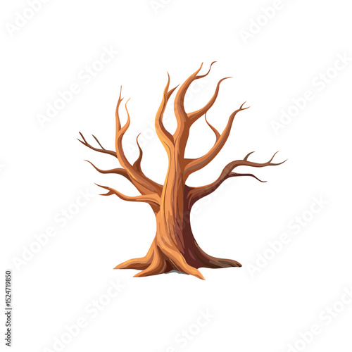 A bare stylized tree with brown and orange tones standing against a white background Its branches are thin and without leaves