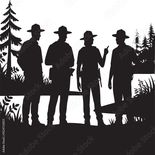 Silhouette of four park rangers standing near a river with a backdrop of trees and sunset sky