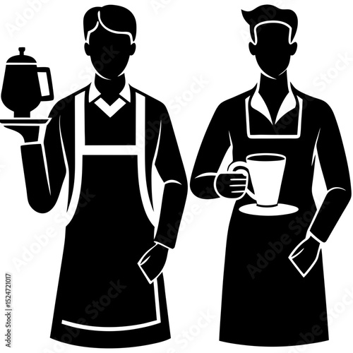 Two waiters in aprons one holding a coffee pot and the other a mug of tea