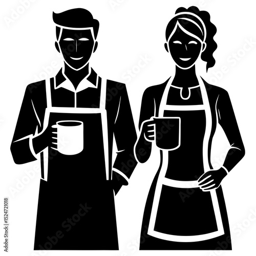 Two baristas in aprons holding mugs in a monochrome vector illustration