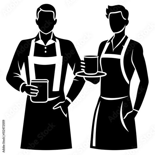 Two waiters in aprons holding drinks in a black and white illustration