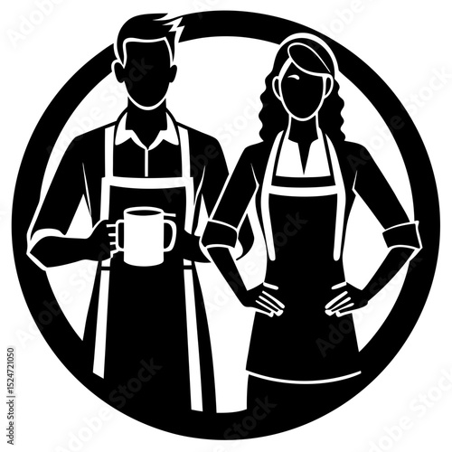 Illustration of a man and woman wearing aprons inside of a circle design