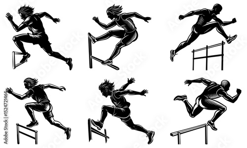Six black and white illustrations of athletes jumping over hurdles race