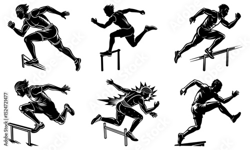 Six monochrome illustrations of athletes hurdling in various positions