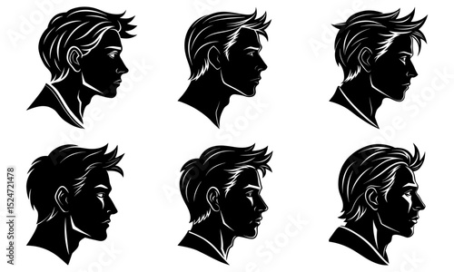 Collection of six black silhouette portraits of men in side profile
