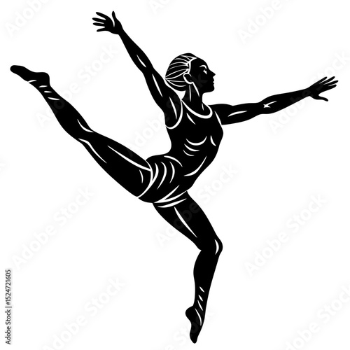 Silhouette of a female gymnast in a dynamic pose with arms extended