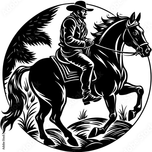 Illustration of a cowboy riding a horse in a circular black and white art