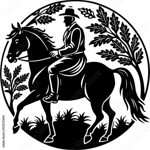 Silhouette of a man on a horse in a forest setting in black and white