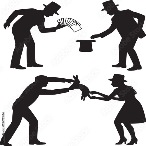 A collage of magician silhouettes performing tricks with cards hat and rabbit on a light background