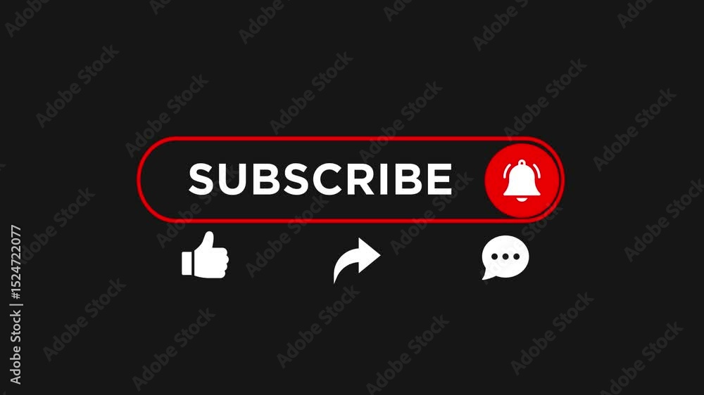 Subscribe button animation with notification bell and social interaction icons on dark background