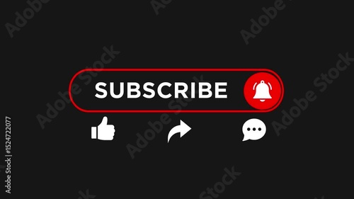 4K Subscribe button animation with notification bell and social interaction icons on black background