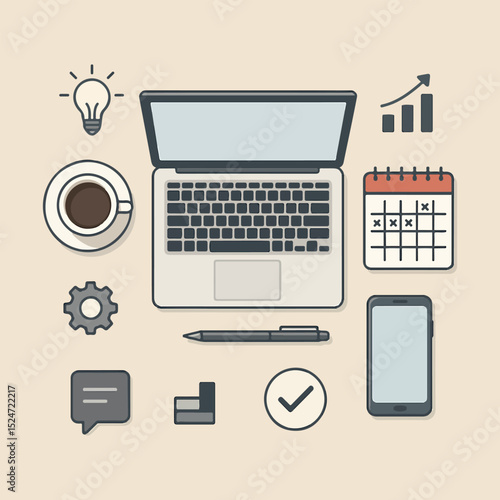 Top view of a workspace with laptop, phone, coffee, and other work essentials