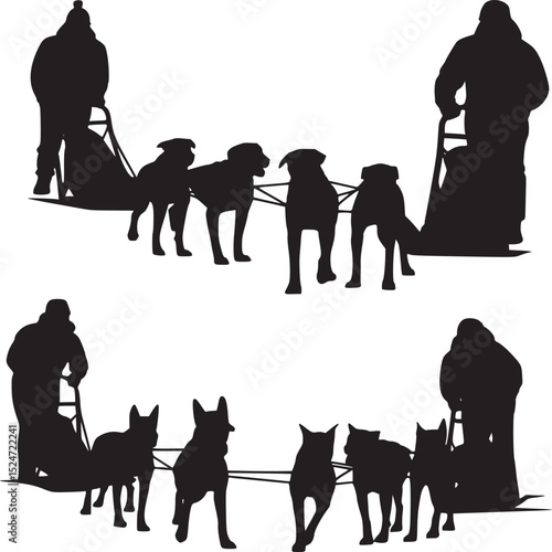 Silhouette illustration of two dog sled teams with mushers on a white background design art