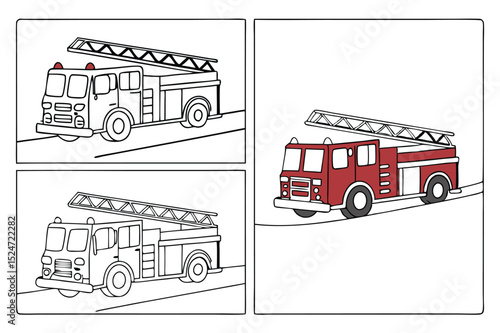 Line Art Illustration of Fire Truck and Fire Rescue – Coloring Book Page and Drawing Book for Kids Emergency Vehicle Activity