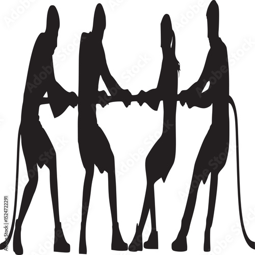 Silhouette of four people engaged in a tug of war competition on a white background art style