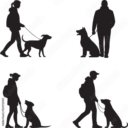 Silhouettes of people walking and sitting with dogs on leashes in a grid pattern on white background