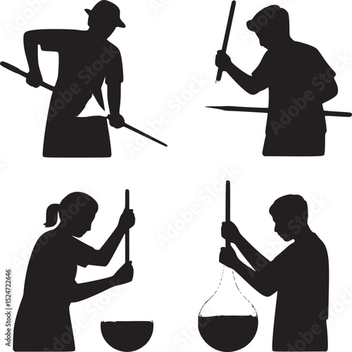 Silhouettes of glassblowers shaping molten glass with tools and rods in a stylized illustration