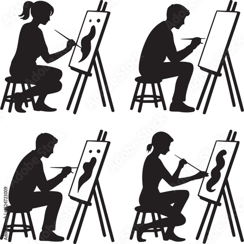Silhouettes of artists painting on canvases with various colors on a white background in a grid layout
