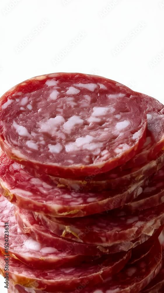 Salami slices arranged in a tall stack on a white surface, showcasing the cured meat's texture and circular form, studio shot. Salami slices arranged in a tall stack on a white surface, showcasing the cured meat's texture and circular form, studio shot.