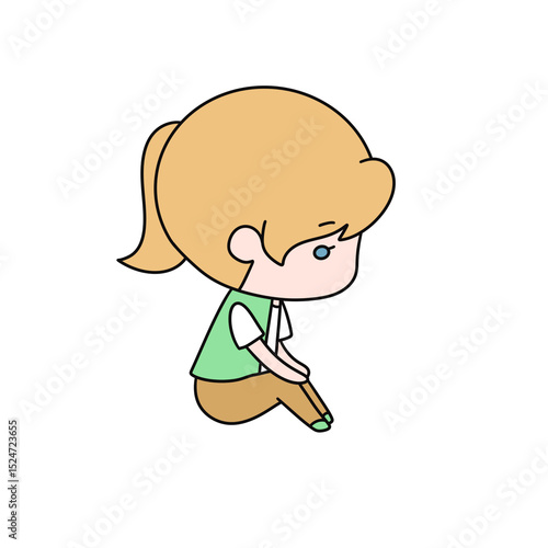 A girl with a ponytail is sitting on the ground