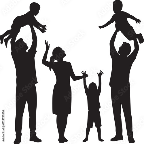 Silhouette of a family with two parents and three children playing and having fun together outdoors