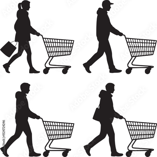 Silhouettes of people pushing shopping carts in a repeating pattern on a white background design element