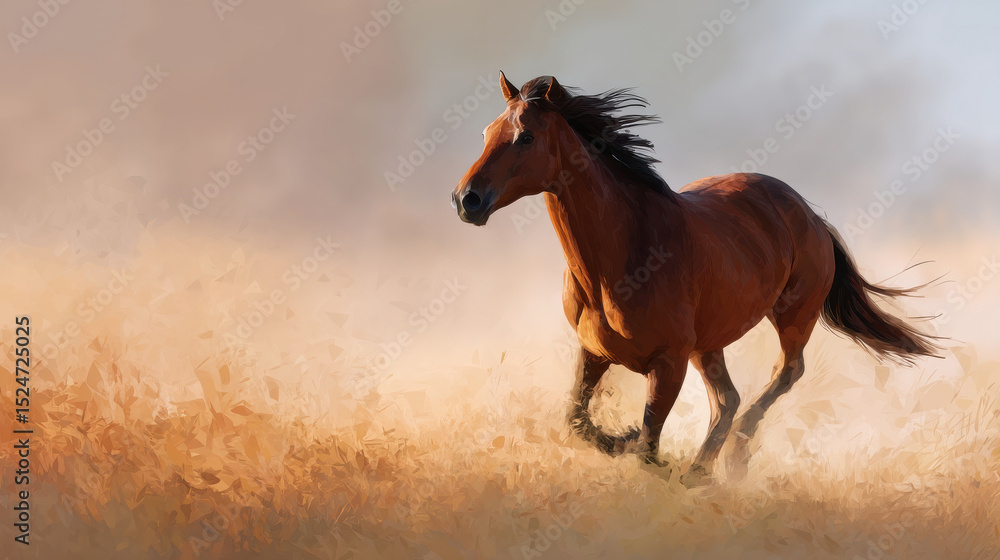 Obraz premium Powerful brown horse gallops through dry field with its mane flying, captured in low angle shot with warm light and dust